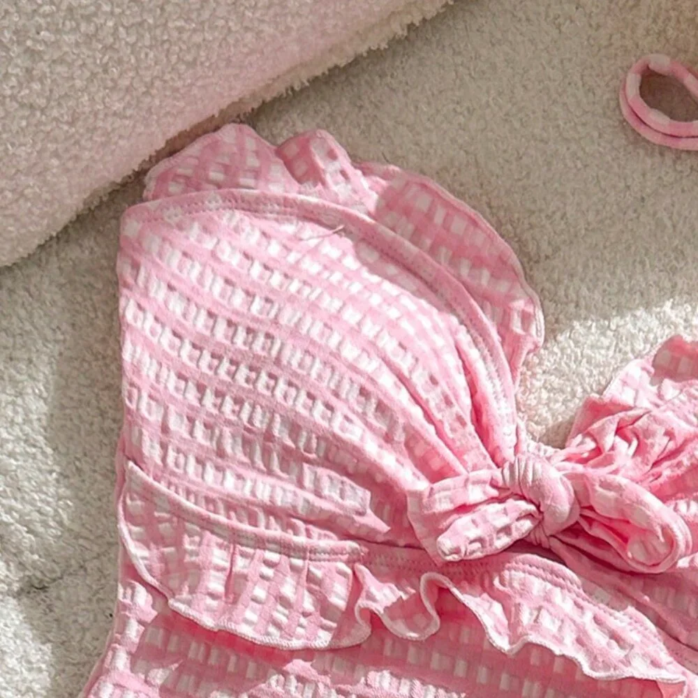 Pink Cute Special Fabric Plaid Flounce Halter One-Piece Suit